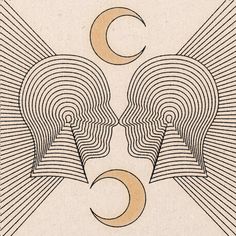 two faces are surrounded by lines and crescents