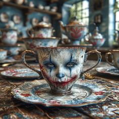 a close up of a tea cup on a table with other cups and saucers