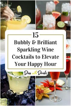 Collage of 4 sparkling wine cocktails. Fun Wine Drinks, Drinks Made With Champagne, Sparkling Grape Juice Cocktail, Bubly Sparkling Water Cocktails, Sparkling Drinks Cocktails, Cocktails With Champagne, Drink Competition, Sparkling Wine Cocktail Recipes, Sparkling Water Cocktail