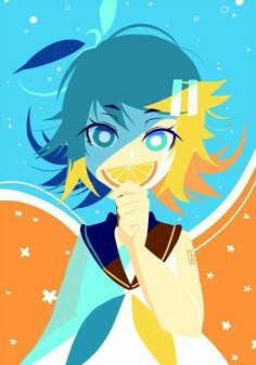 an anime character with blue hair and oranges on her face, holding a slice of lemon