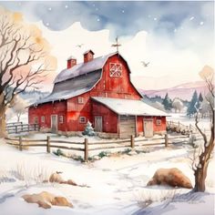 a painting of a red barn in the snow