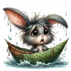 a cute bunny is sitting on top of a boat in the water with raindrops