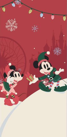 mickey and minnie mouse in front of a red background with snowflakes on it