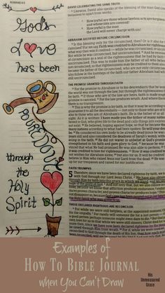 an open bible with the words examples of how to bible journal when you can't draw