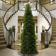 a large christmas tree in the middle of a room with stairs and banisters