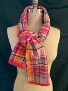 Plaid fleece scarf.  Two layers of fleece.  Pink plaid.  Pink back. Pink Plaid Scarf, Fleece Scarf, Pink Plaid, Scarf Wrap, Scarf Accessory, Plaid, Pink