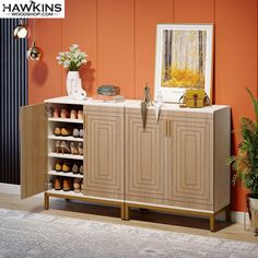 an image of a shoe rack in the living room with orange walls and wood flooring