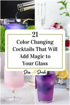 Collage of 4 color changing cocktails. Color Party Drink Ideas, Color Changing Alcoholic Drinks, Science Drinks Alcohol, Color Change Cocktail, Woodland Themed Cocktails, Cocktails That Change Color, Science Cocktail Recipes, Tarot Card Cocktails, Biology Cocktails