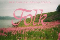 an advertisement for a new tropical design studio called folk type specimen, featuring pink flowers in the foreground