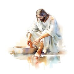 a painting of jesus washing his feet in the water with one hand and holding a bowl