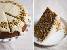 there is a cake with white frosting and walnuts on the top, next to a slice cut out of it