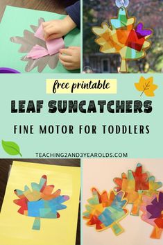 leaf sun catchers for toddlers with text overlay that reads free printable leaf sun catchers fine motor for toddlers