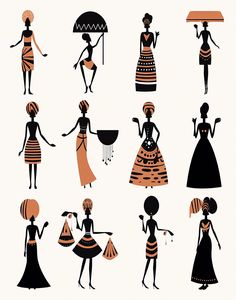 the silhouettes of african women are shown in black and orange colors, with an umbrella over their heads