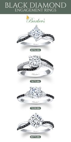 four different types of engagement rings with black diamonds on each side and white diamonds on the other