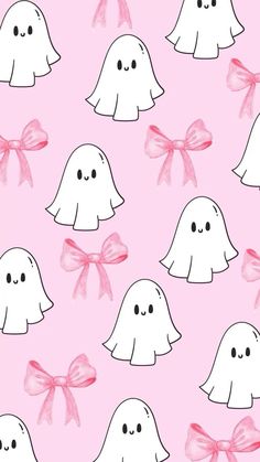 a pink background with white ghost heads and bows on the side, all drawn in different ways