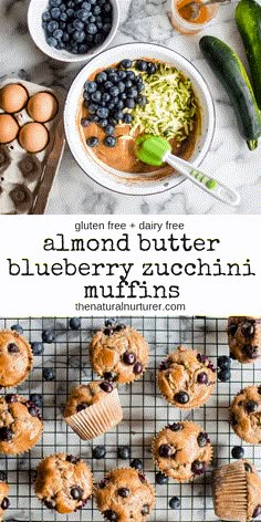 blueberry muffins on a cooling rack with other muffins and ingredients