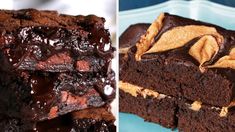 two pictures side by side one has chocolate and the other has peanut butter brownies