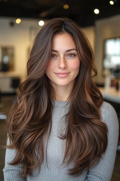 Brighten up your look with 68 amazing chocolate brown hairstyles ✨🍫 Perfect for a rich, stylish change! #ChocolateBrownHair #HairInspo #StylishLooks Dark Brown Skin Hair Color Ideas, Chocolate Hair Color With Highlights, Chocolate Brown Hairstyles, Cocoa Brown Hair, Rich Girl Hair, Brunette Green Eyes, Girlfriend Outfits, Brown Hair With Lowlights, Chestnut Brown Hair