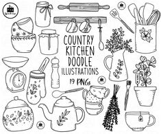 a black and white drawing of kitchen doodle illustrations