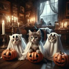 three kittens dressed up in ghost costumes with pumpkins on the floor and candles behind them