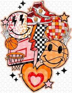 an image of a cartoon character with basketballs and other items on it's back