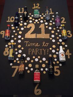 a clock with alcohol bottles on it that says 21 time to party