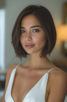 An elegant blunt bob with a soft side part on a senior Hispanic woman モード ボブ, Kort Bob, Hair Inspiration Short, Short Hair Haircuts, Arnold Schwarzenegger, Side Part, Bob Haircuts, Shoulder Length Hair, Short Bob Hairstyles