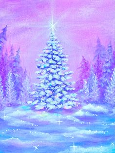 a painting of a snow covered christmas tree in front of a pink sky with stars