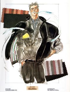 a drawing of a man in black jacket and pants with color swatches on it