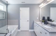 a bathroom with gray walls and white fixtures