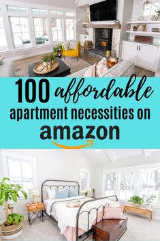 an open floor plan with the words, 100 offable apartment necessities on amazon