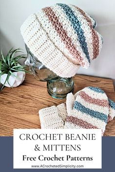 crochet beanie and mittens on a table