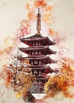 an artistic painting of a pagoda in autumn