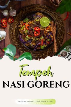 a plate with some food on it and the words tempel nasi goreng