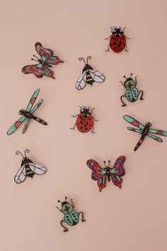 a group of bugs and ladybugs are arranged on a pink surface with one bug in the middle