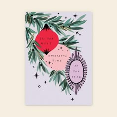 a greeting card with an illustration of two pomegranates and leaves on it