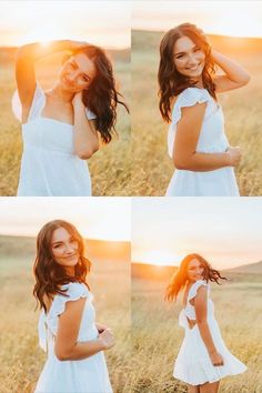 four photos of a woman in a white dress posing for the camera with her hands behind her head