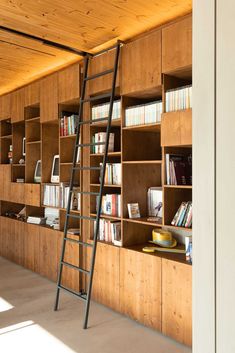 a ladder leaning up against a bookshelf in a room filled with wooden shelves