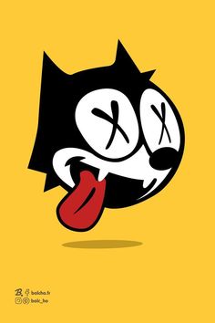 a black and white cat with red tongue sticking out from its mouth on a yellow background