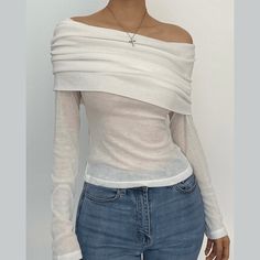 Long sleeve solid off shoulder backless top Elegant Non-stretch Tops, Fitted Solid Color Cotton Tops, Fitted Cotton Tops In Solid Color, Elegant Fitted Tops In Solid Color, Non-stretch White Tops, Non-stretch White Solid Top, Fitted Sleeveless Solid Color Top, White Layering Tops, White Tops For Layering