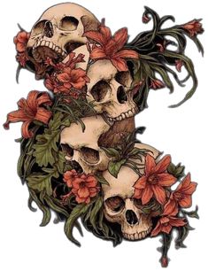 three skulls with flowers and vines on their heads are shown in the shape of letter s