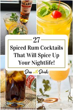 Collage of 4 spiced rum cocktails. Mixed Drinks With Spiced Rum, Drinks Using Spiced Rum, Black Spiced Rum Drinks, Recipes With Spiced Rum, Spiced Rum Drinks Recipes, Drinks Made With Spiced Rum, Spiced Rum Cocktails Recipes, Spices Rum Cocktails, Spice Rum Drinks