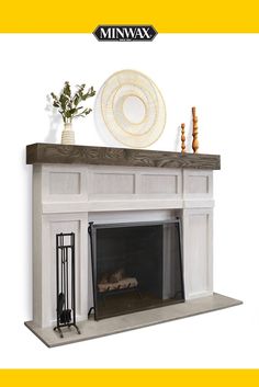 a white fireplace with a yellow border around it