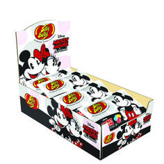 a cardboard display case with mickey and minnie mouse stickers on the front, along with six packs of candy