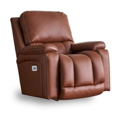 the reclining chair is shown in brown leather