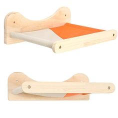 two pieces of wooden furniture with orange and white accents