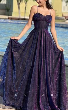 G3639 - Chic & Modern A-Line Sweetheart Straps Draped Floor-Length For – GUIUU Prom Sparkly Dresses, Midnight Purple Prom Dress, Purple Wedding Dresses, Winter Ball Dresses, Floral Dresses With Sleeves, Sparkly Dresses, Classic Prom Dress, Purple Wedding Dress, Satin Homecoming Dress