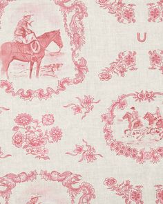 a pink and white fabric with an image of a man on a horse