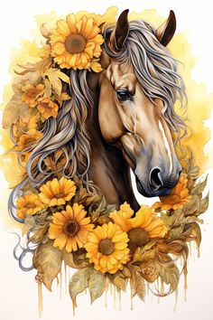 a painting of a horse with sunflowers around it's neck and face