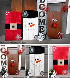 four different pictures of snowmen made out of wooden boards with christmas decorations on them